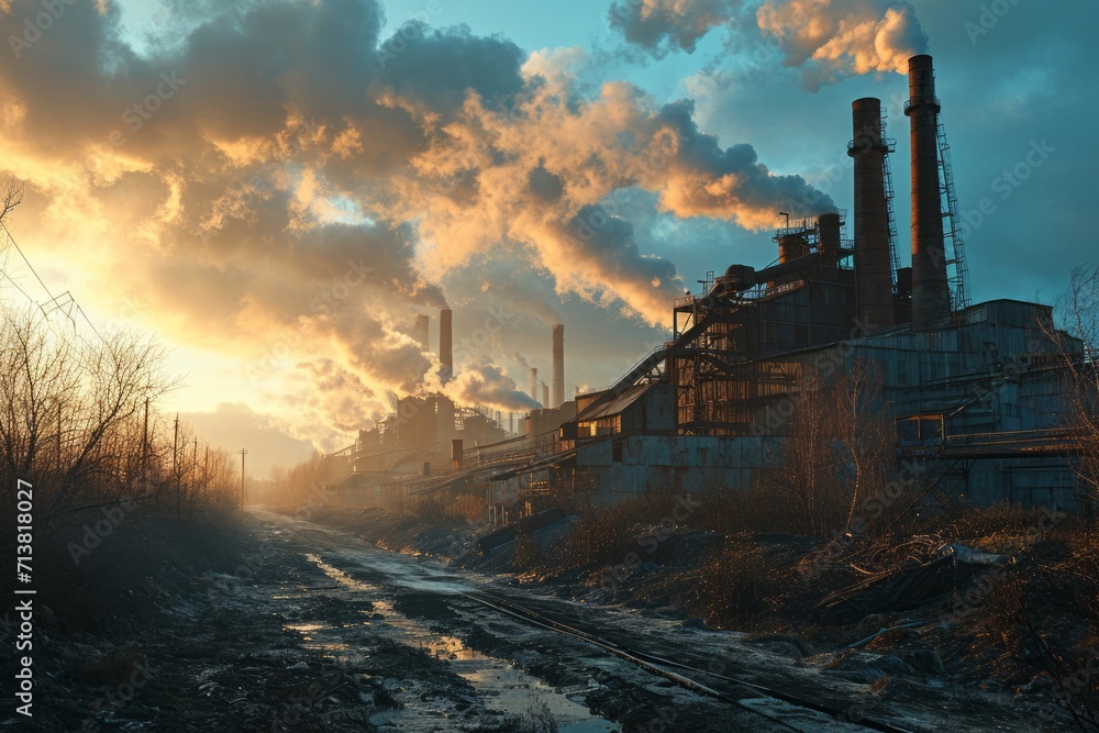 Industrial landscape with power plant at sunset, toned image.