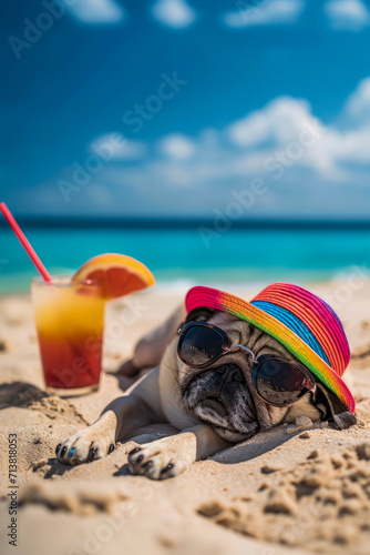 Generative AI illustration of funny pug dog on the beach © Eduardo Lopez