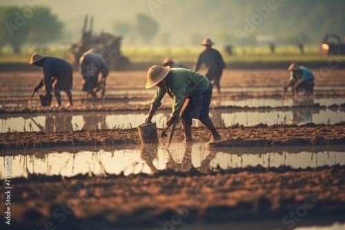 Chinese group of workers sowing rice at the field in day time, group of farmers cultivating land. Rural scene, Agriculturists working planting. Asian oriental harvesting Agricultural concept. © m