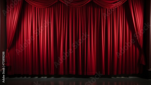 enthralling stage anticipation. closed red curtain in spotlight, setting the mood for spectacular theatrical performance