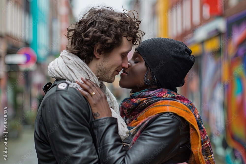 Multi ethnic couple kissing on city street Multi ethnic couple kissing on city street
