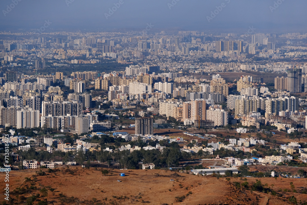 Obraz premium 19 January 2024, Cityscape Skyline, Cityscape of Pune city view from Bopdev Ghat, Pune, Maharashtra, India.
