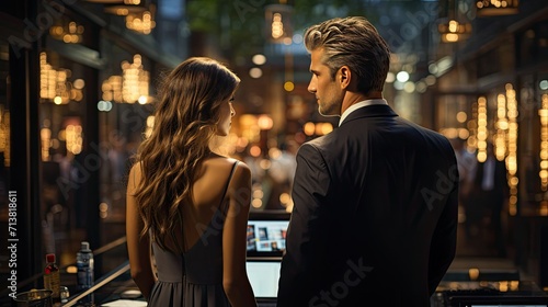 Beautiful young couple looking at each other while standing in a restaurant