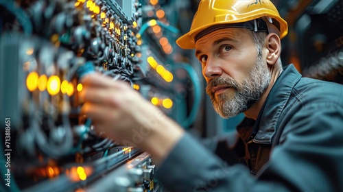 Portrait of a man in a helmet and work clothes standing in a power supply station, repair and adjustment by an electrician of an electrical panel photo