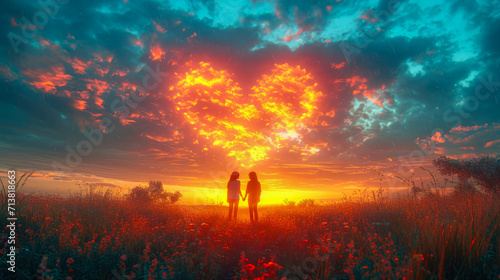 Romantic couple in love on the meadow at sunset background photo