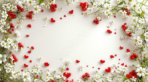 Floral frame with white blossoms and red hearts on a white background  space for text in center  concept of love and spring  flat lay composition