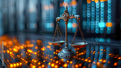 Scales of justice on abstract background with futuristic digital bokeh lights photo