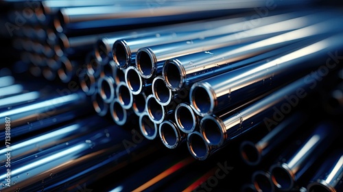 Steel pipes of different diameters in the warehouse of pipelines and spare parts for oil refining petrochemical equipment