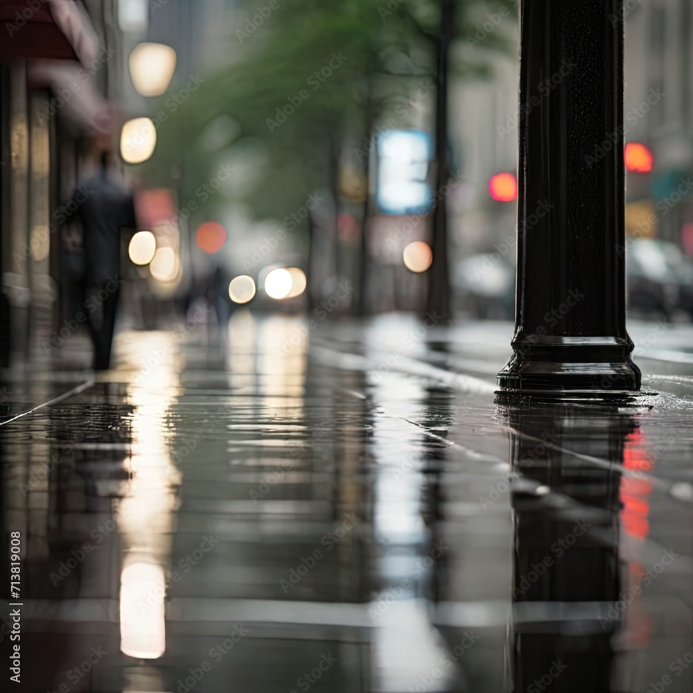 Capture the dynamic energy of a bustling business district during a rainy day, 