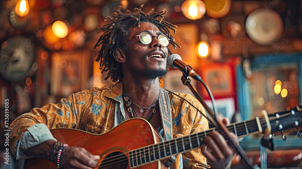 Handsome african american man singing and playing guitar in nightclub Handsome african american man singing and playing guitar in nightclub