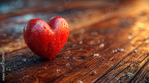 Red heart with drops of water on a wooden background. Valentine's Day