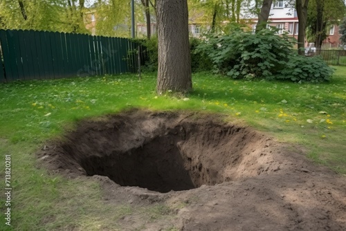 Digged round deep grave in backyard. Garden rounded dig in yard soil. Generate ai