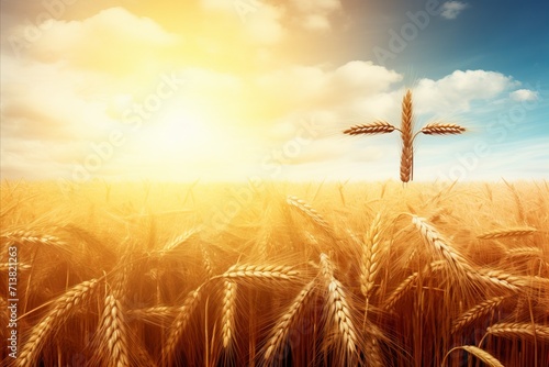 Devout christian engaging in prayer with cross in lush thanksgiving barley field background