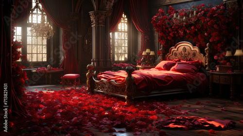 The interior of the bedroom with flower petals, bed and a window. Created with Ai