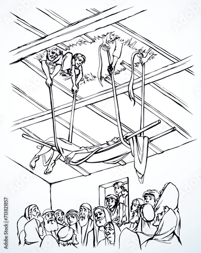 Vector drawing. The men dug up the roof to let the sick man in on a stretcher.