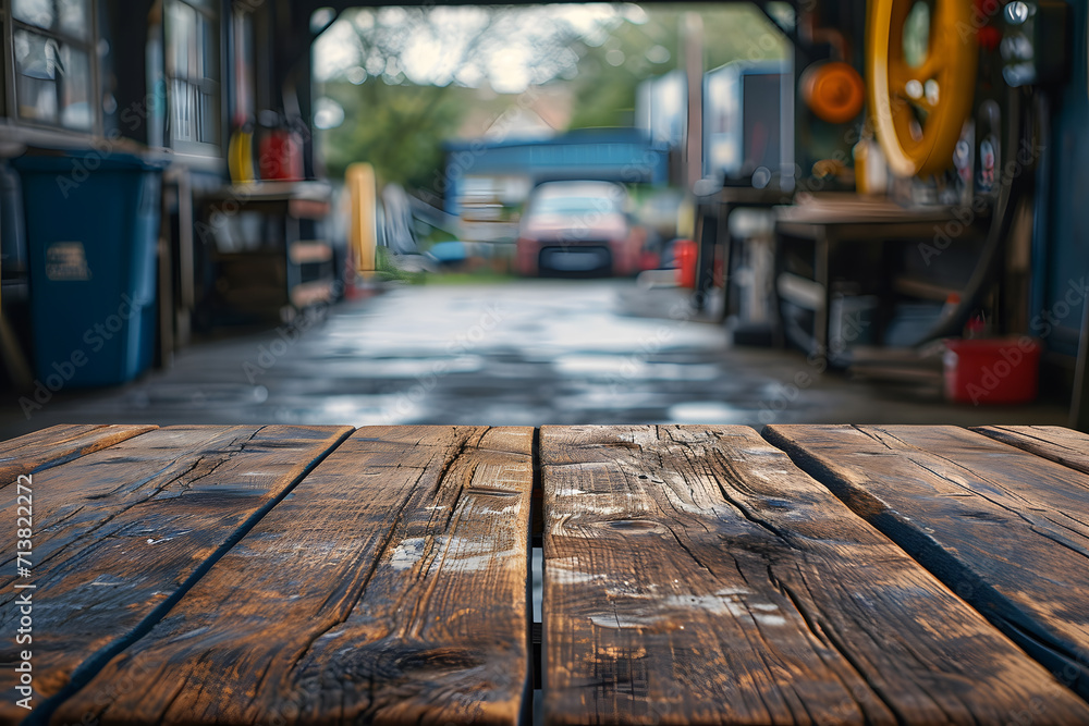 Obraz premium Foreground Wooden Table, Blur of a Car Repair Workshop, Garage Scene