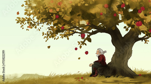 Illustration Isaac Newton discovered Newton's law of universal gravitation by seeing an apple fall from a tree. photo