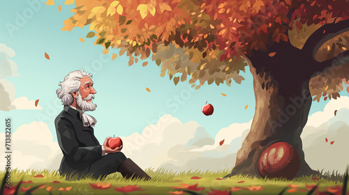Illustration Isaac Newton discovered Newton's law of universal gravitation by seeing an apple fall from a tree. photo