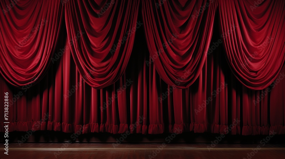 Closed red stage curtain illuminated in spotlight ahead of theatrical performance - obrazy, fototapety, plakaty 