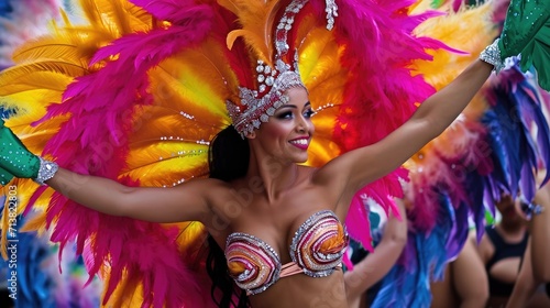 A dancer at Brazilian carnival showcasing the vibrant orange feathers of her costume, complemented by a sparkling feathered headpiece and colorful makeup