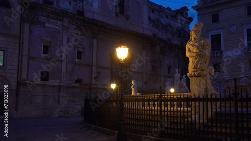 Palermo, Sicily, Italy The Praetorian Fountain and statues in the early morning.  photo