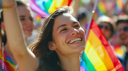 People Happy Celebrating Pride with Rainbow Flag