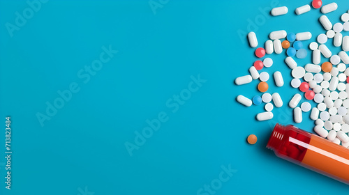 Bottle and scattered pills on color background top view, generative ai