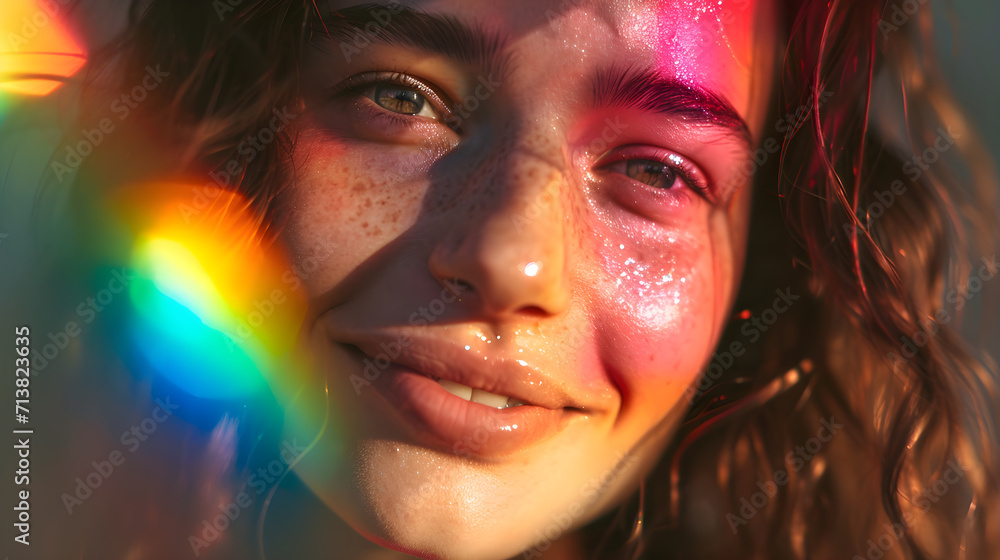 Close-up of a joyful young woman with rainbow light reflections on her face, expressing happiness.
