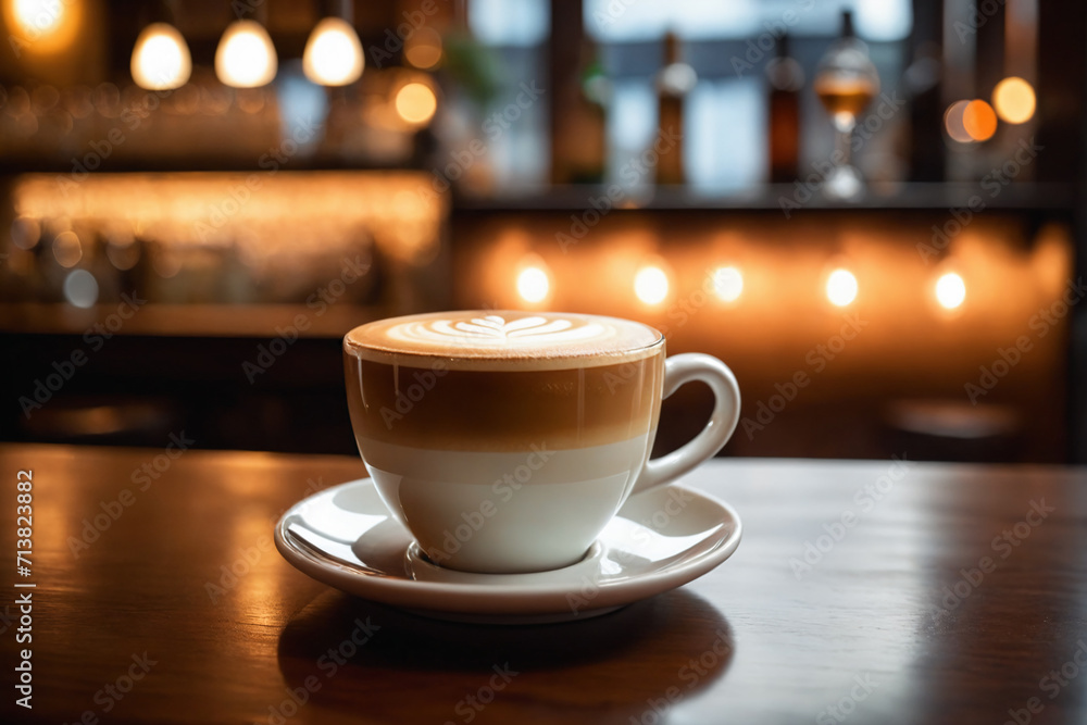Close up shot of a cup of cappuccino without spoon, blurred background of a bar