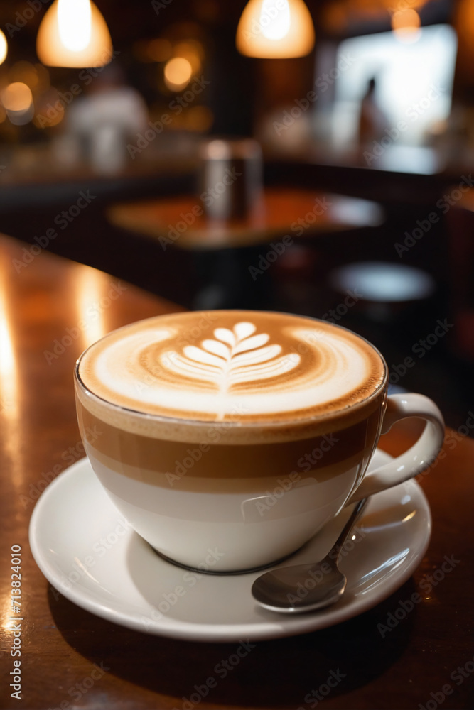 Close up shot of a cup of cappuccino without spoon, blurred background of a bar Close up shot of a cup of cappuccino without spoon, blurred background of a bar