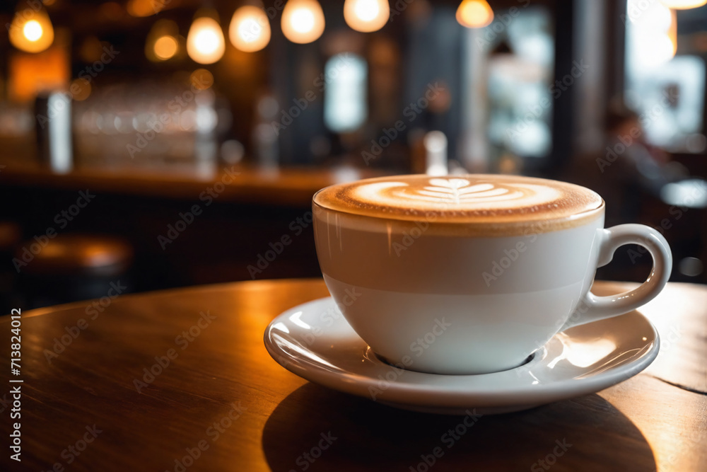 Close up shot of a cup of cappuccino without spoon, blurred background of a bar