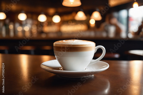 Close up shot of a cup of cappuccino without spoon, blurred background of a bar