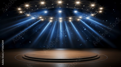 Spotlights creating dramatic illumination on black background, shining light on stage performance
