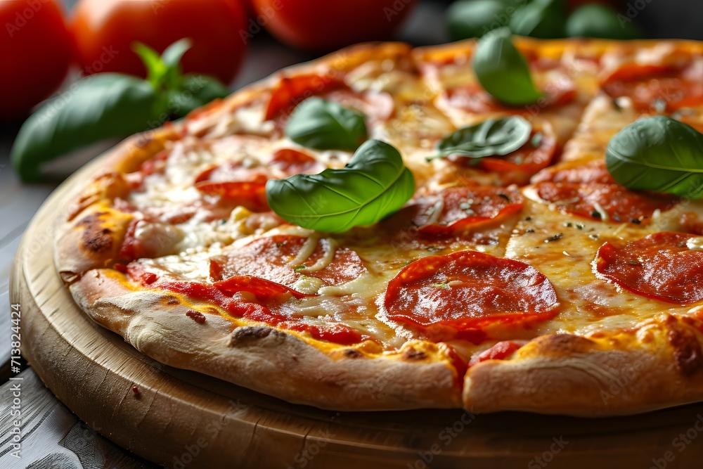 Hot Pepperoni Pizza with Tomato and Basil Toppings