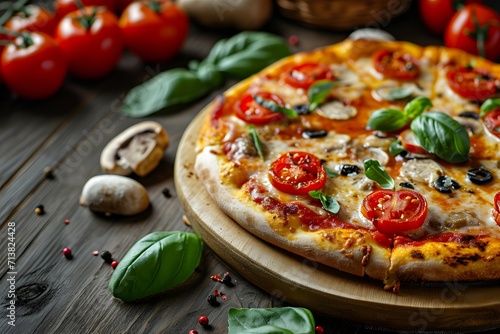 Hot Pepperoni Pizza with Tomato and Basil Toppings