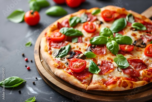 Hot Pepperoni Pizza with Tomato and Basil Toppings