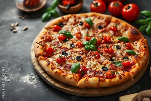 Hot Pepperoni Pizza with Tomato and Basil Toppings