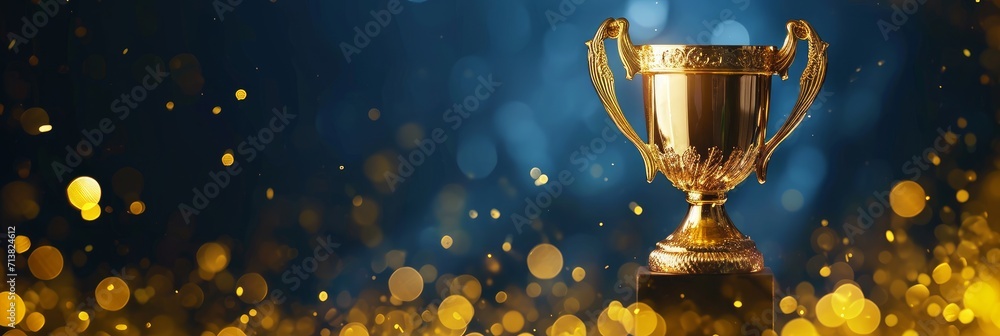 Champion golden trophy for winner background. Success and achievement concept. Sport and cup award theme. - obrazy, fototapety, plakaty 