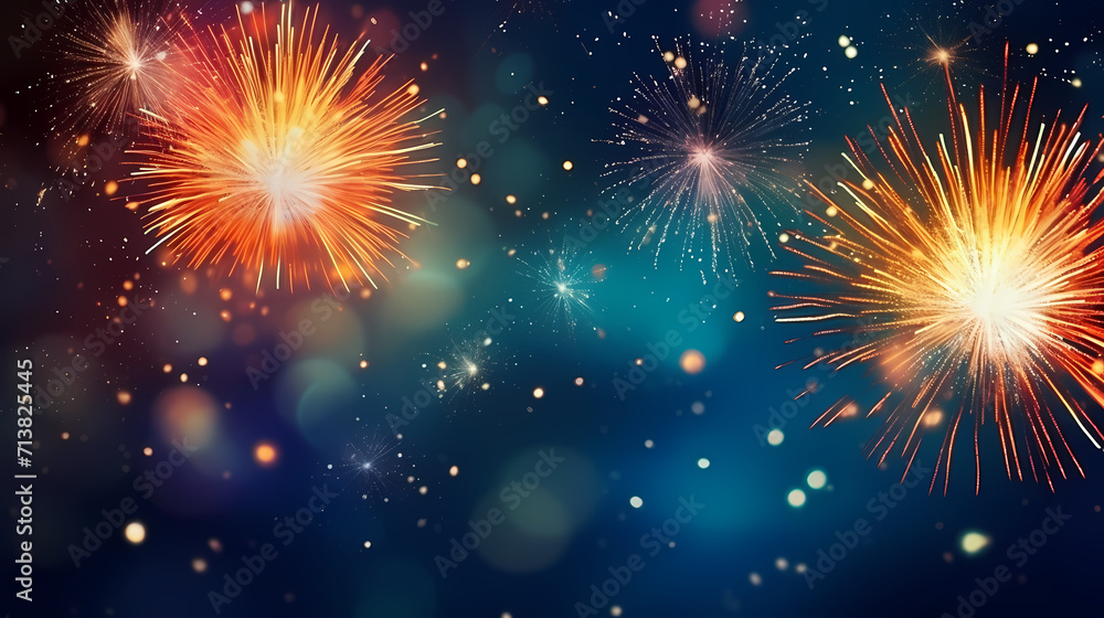 Naklejka premium Happy New Year, burning fireworks with bokeh light background