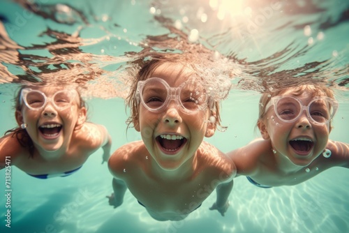 Group kids swimming underwater in pool. Delighted happy children in aquatic amusement park. Generate ai photo