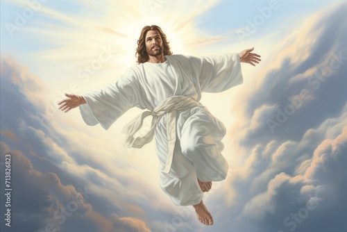 Resurrected jesus christ ascending. divine symbolism of god, heaven, and the second coming