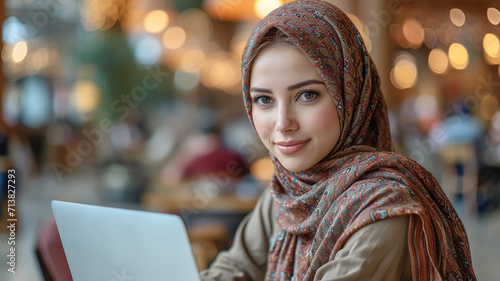 Eine Frau trägt einen Hijab und arbeitet im Büro