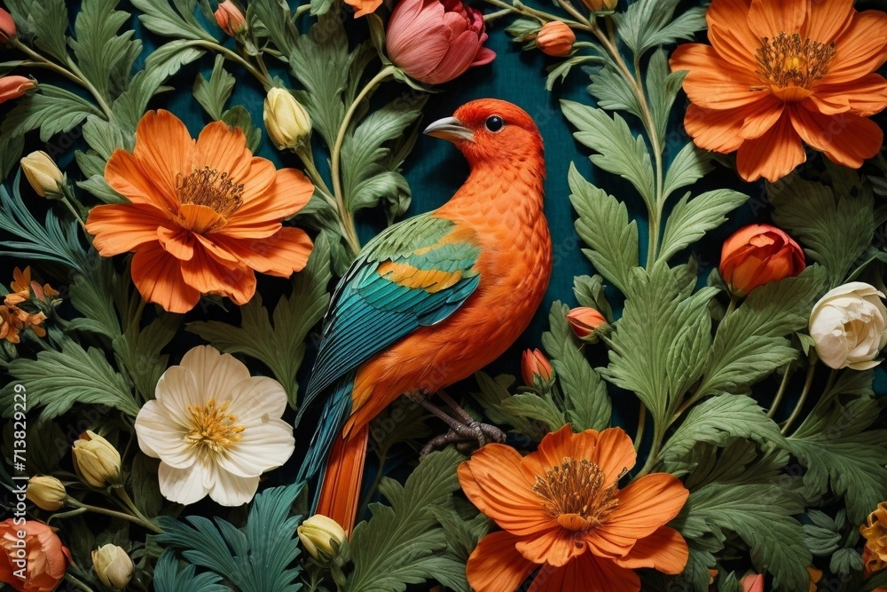 Fototapeta premium Nature's Embrace Generative AI's Bird, Rose, and Botanical Delight