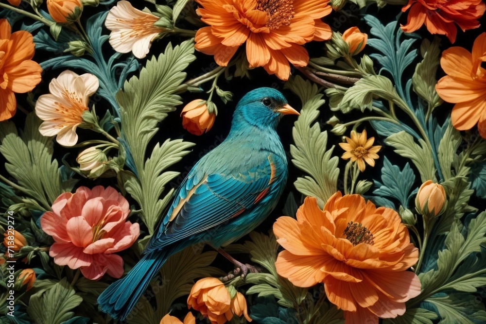 Obraz premium Nature's Embrace Generative AI's Bird, Rose, and Botanical Delight