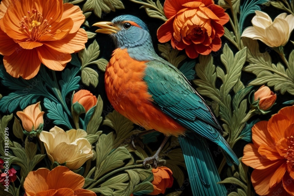 Fototapeta premium Nature's Embrace Generative AI's Bird, Rose, and Botanical Delight