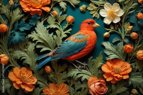 Nature's Embrace Generative AI's Bird, Rose, and Botanical Delight © Dreamweave