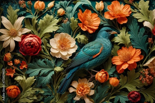Nature's Embrace Generative AI's Bird, Rose, and Botanical Delight © Dreamweave