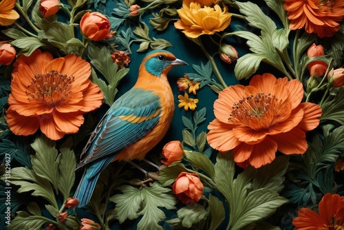 Nature's Embrace Generative AI's Bird, Rose, and Botanical Delight © Dreamweave