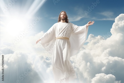 Resurrected jesus christ ascending to heaven. divine light, clouds, and the second coming photo