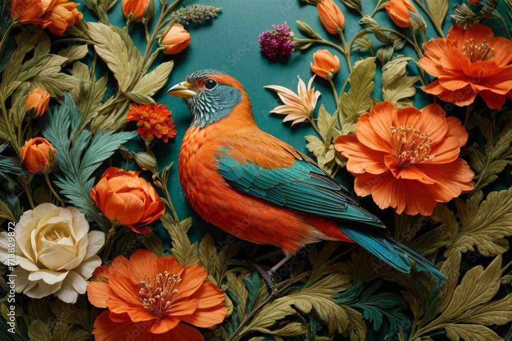 Obraz premium Nature's Embrace Generative AI's Bird, Rose, and Botanical Delight